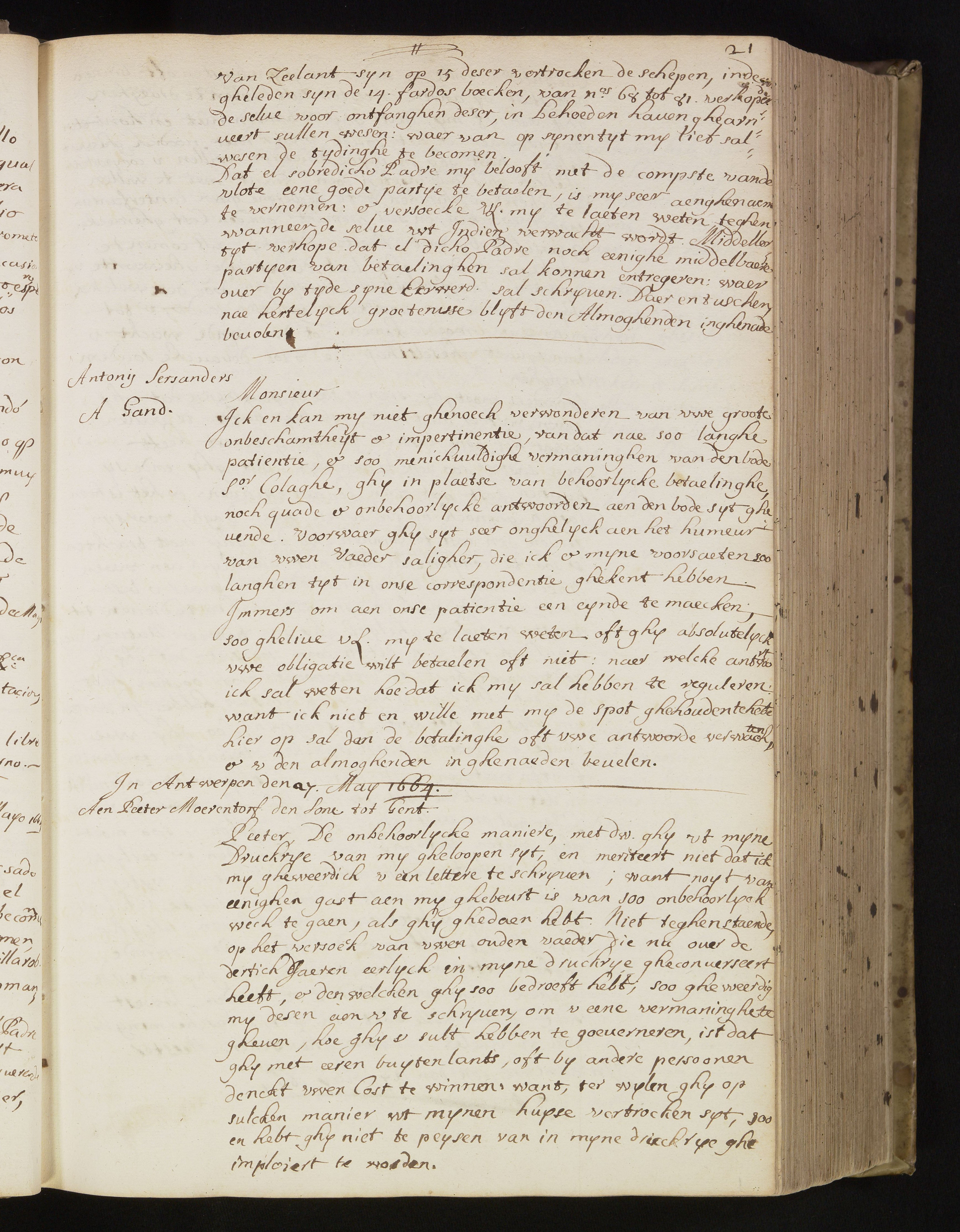 Afschrift van de brief van Balthasar II Moretus aan Peeter Moerentorf de Jonge, 27 mei 1664 (MPM Arch. 298, fol. 21 recto)