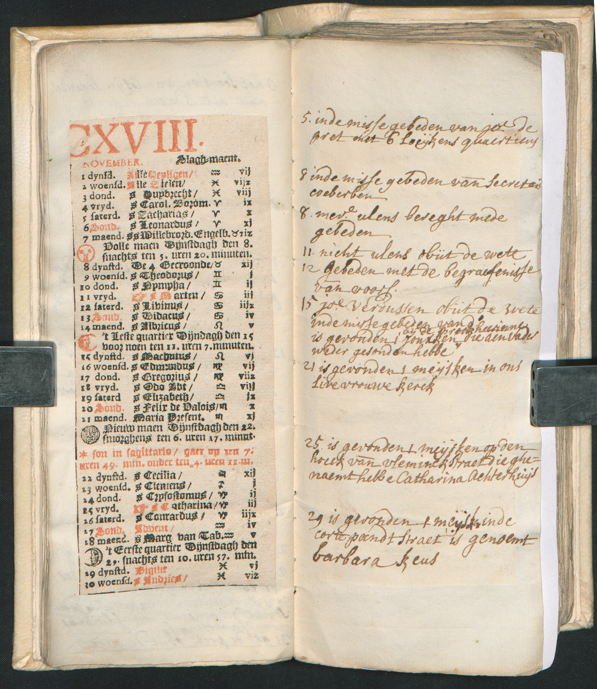 November 1718 in de almanak van Theresa Mathilde Schilders (MPM Arch. 1067)
