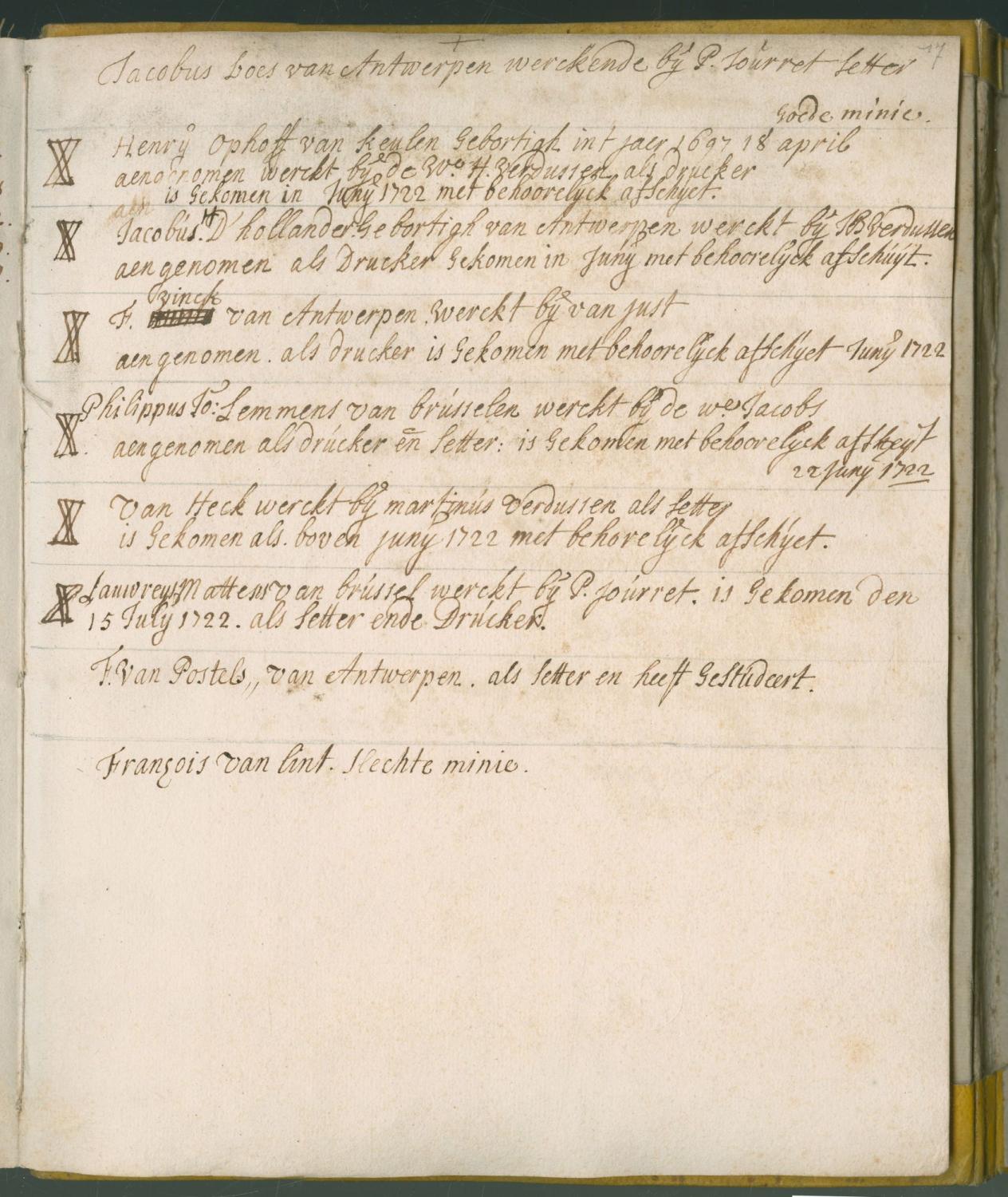 Aantekeningen met betrekking tot een reeks sollicitatiegesprekken gehouden in de Plantijnse drukkerij in juni 1722 (MPM Arch. 469, fol. 17 recto)