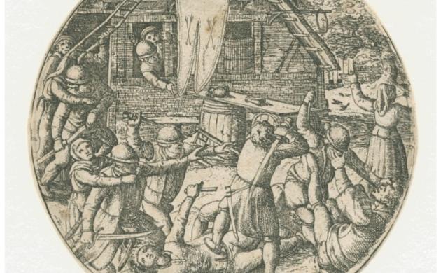 Vechtende boeren voor een herberg, Hans Bol, 1550-1593, PK.OP.00068 Vechtende boeren voor een herberg, Hans Bol, 1550-1593, PK.OP.00068